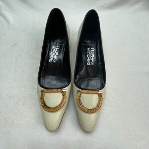Vintage Salvatore Ferragamo Womens Ivory Leather Loafers Woven Buckle